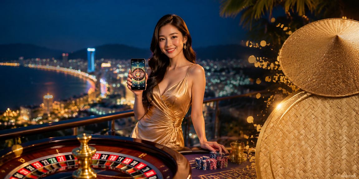 Người phụ nữ Quy Nhơn đội nón lá truy cập trang cá cược thể thao trên điện thoại ngoài trời